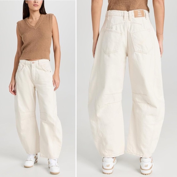 Free People Good Luck Barrel Jeans 29 Cream Milk Denim Curved Bow Leg Boho Chic - Picture 4 of 14